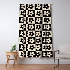 90s flowers checkers cream and black Window Curtain