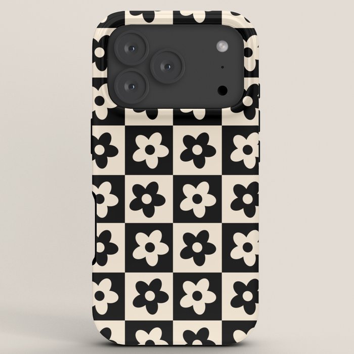 90s flowers checkers cream and black iPhone Case