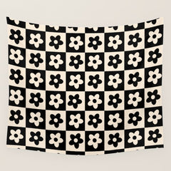 90s flowers checkers cream and black Wall Tapestry
