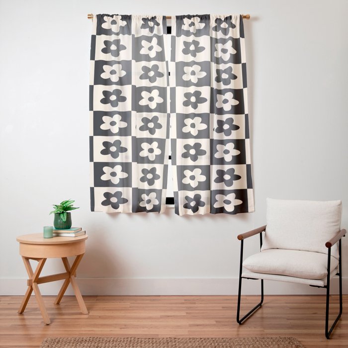 90s flowers checkers cream and black Window Curtain
