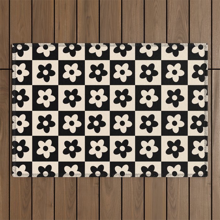 90s flowers checkers cream and black Outdoor Rug