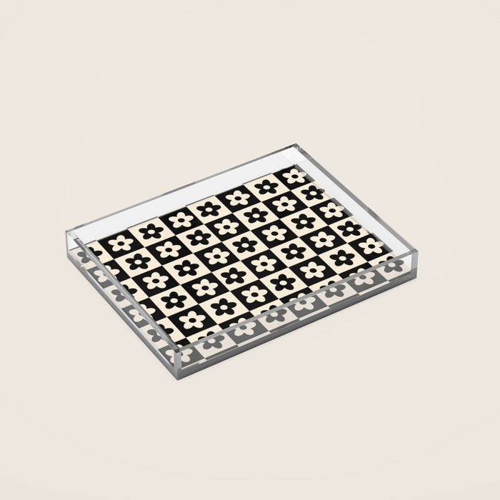 90s flowers checkers cream and black Acrylic Tray