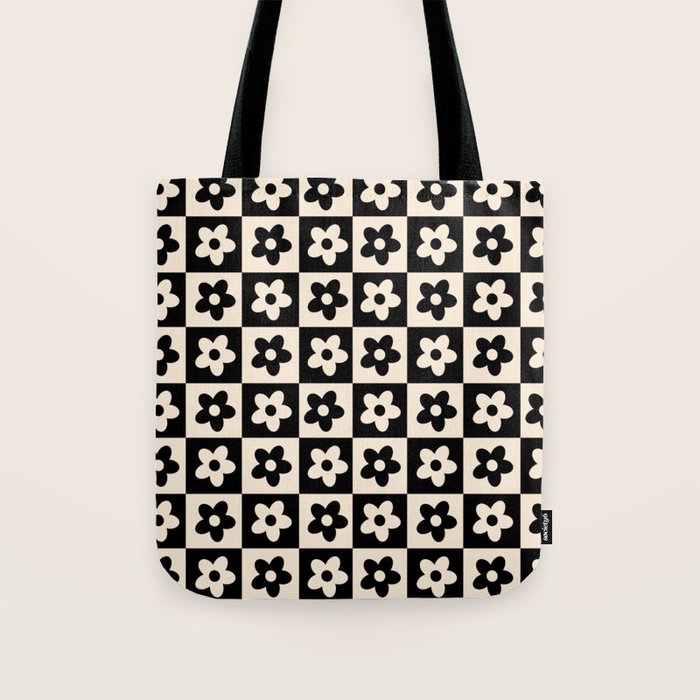 90s flowers checkers cream and black Tote Bag