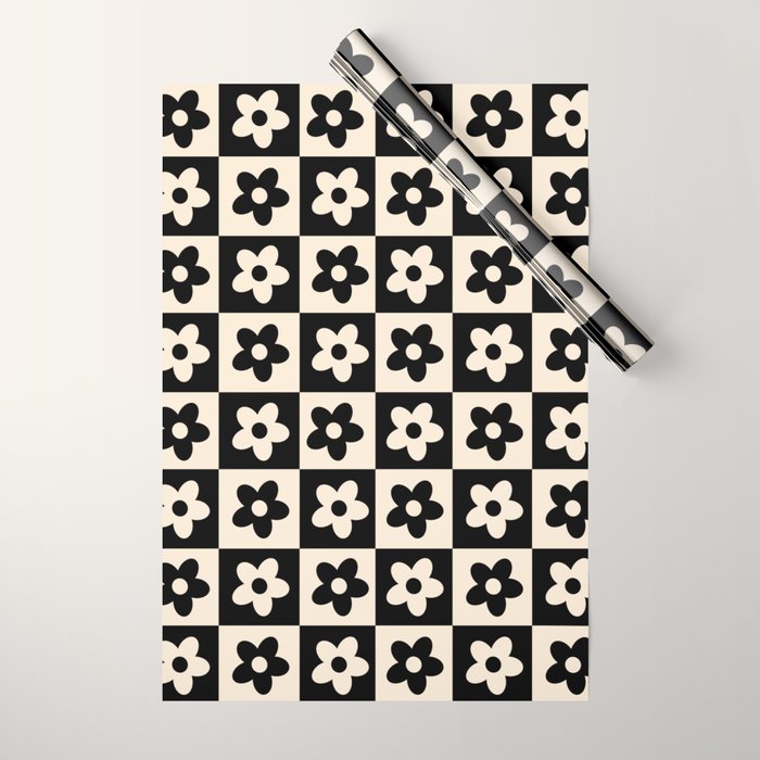90s flowers checkers cream and black Wrapping Paper