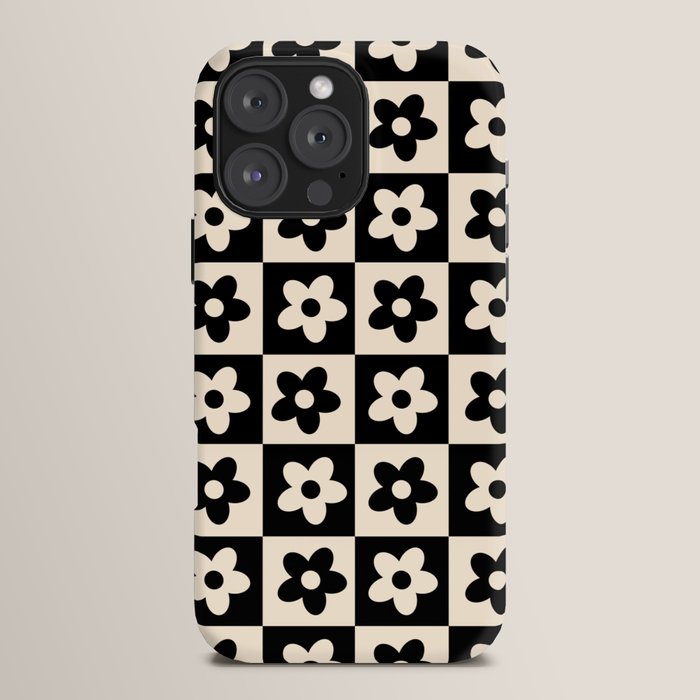 90s flowers checkers cream and black iPhone Case