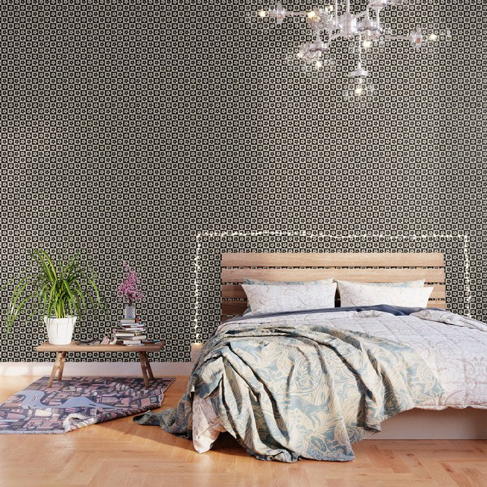 90s flowers checkers cream and black Wallpaper