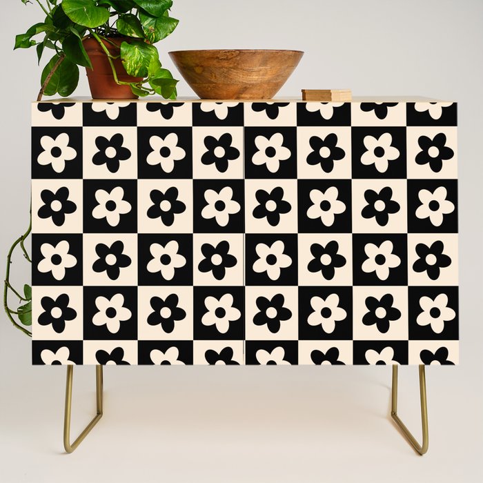 90s flowers checkers cream and black Credenza