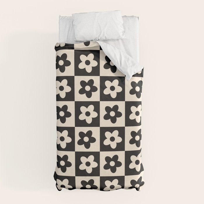 90s flowers checkers cream and black Duvet Cover