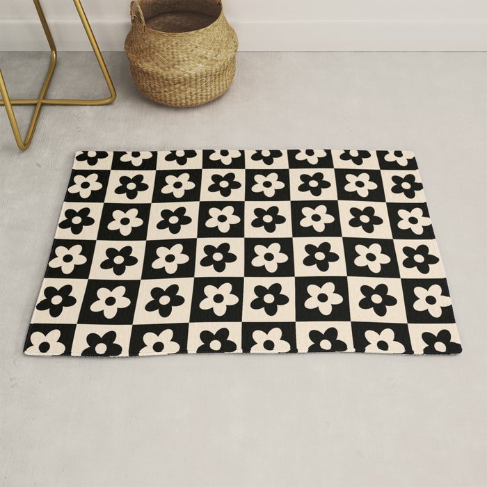 90s flowers checkers cream and black Rug