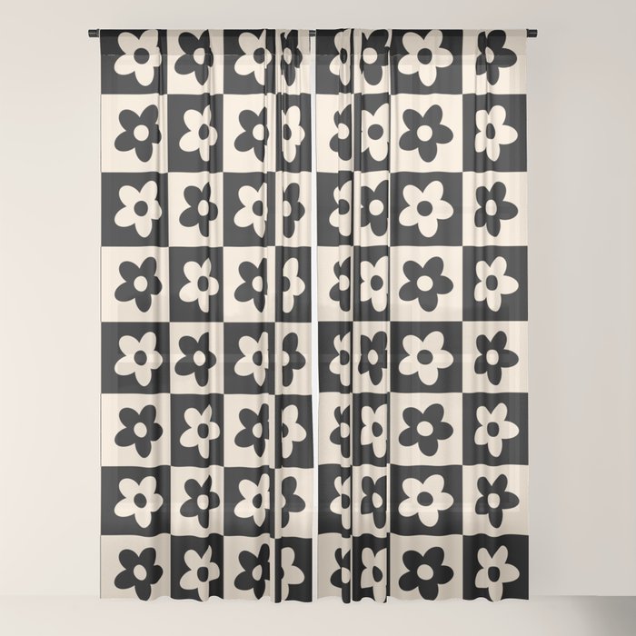 90s flowers checkers cream and black Window Curtain