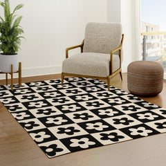 90s flowers checkers cream and black Rug