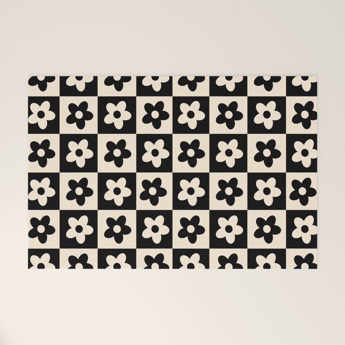 90s flowers checkers cream and black Welcome Mat