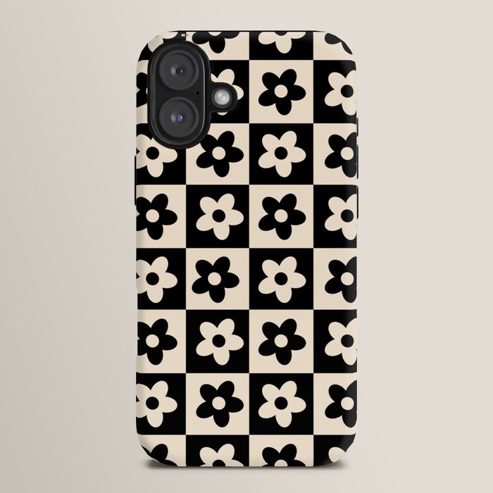 90s flowers checkers cream and black iPhone Case