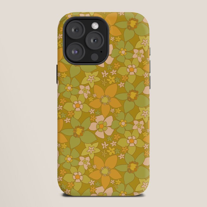 70s groovy retro floral pattern orange brown green handdrawn by surfy birdy  iPhone Case