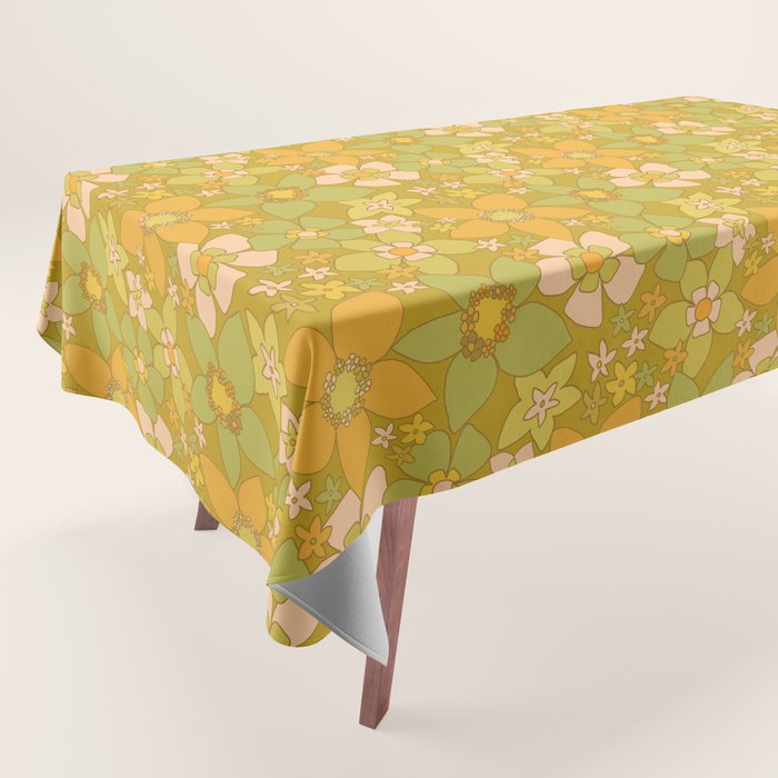 70s groovy retro floral pattern orange brown green handdrawn by surfy birdy  Tablecloth