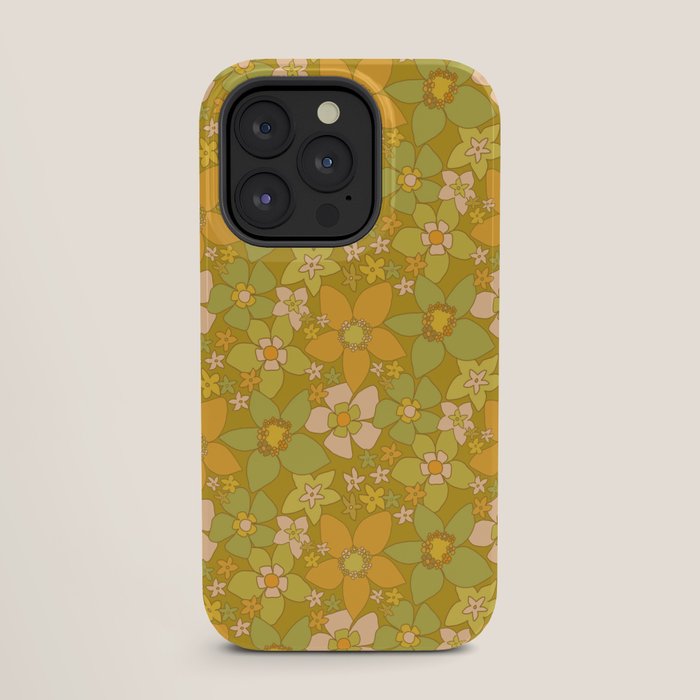 70s groovy retro floral pattern orange brown green handdrawn by surfy birdy  iPhone Case