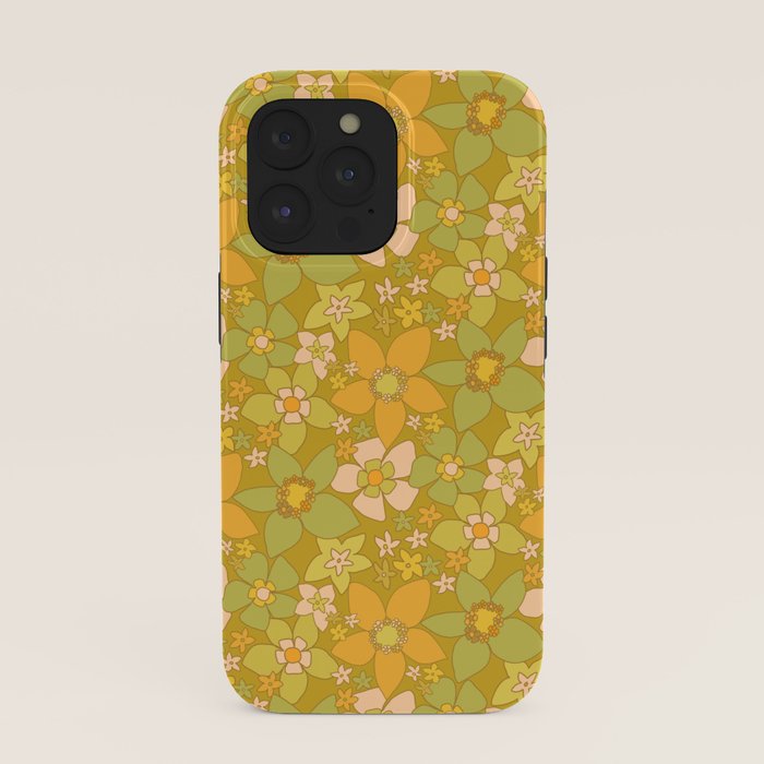 70s groovy retro floral pattern orange brown green handdrawn by surfy birdy  iPhone Case