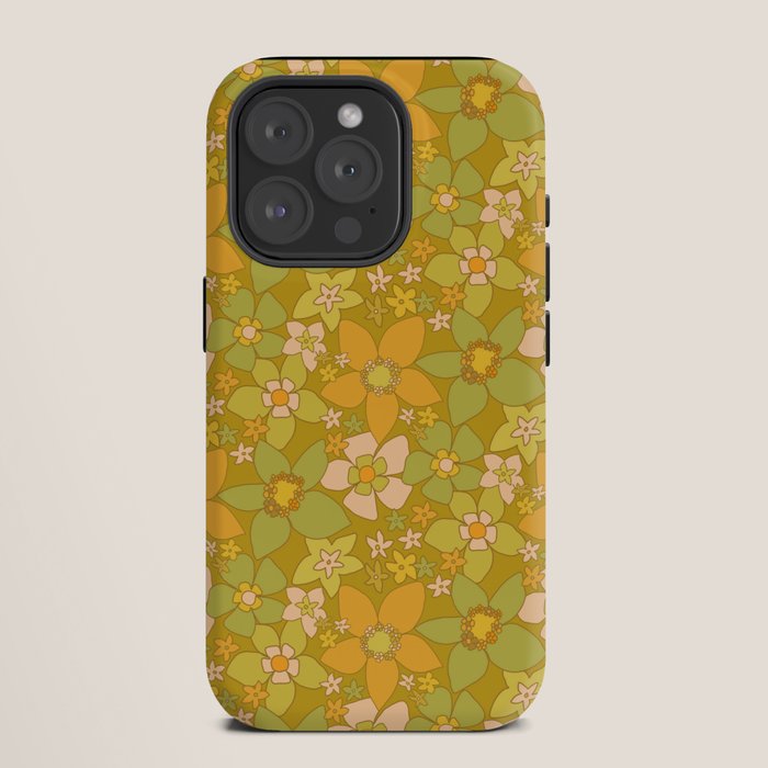 70s groovy retro floral pattern orange brown green handdrawn by surfy birdy  iPhone Case