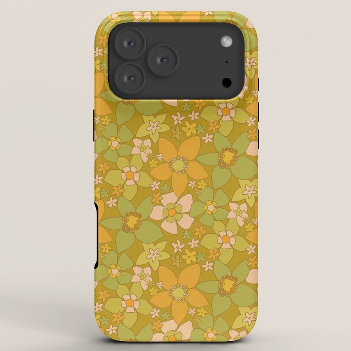 70s groovy retro floral pattern orange brown green handdrawn by surfy birdy  iPhone Case