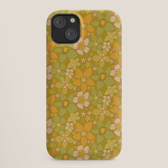 70s groovy retro floral pattern orange brown green handdrawn by surfy birdy  iPhone Case