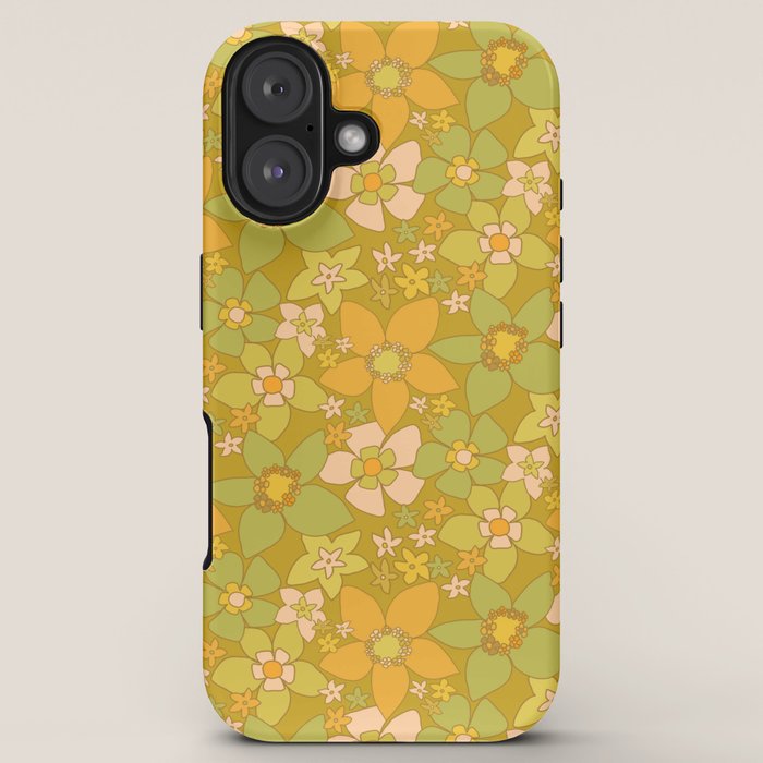 70s groovy retro floral pattern orange brown green handdrawn by surfy birdy  iPhone Case