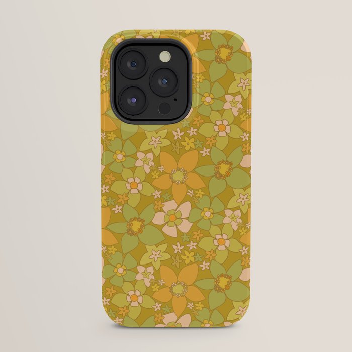 70s groovy retro floral pattern orange brown green handdrawn by surfy birdy  iPhone Case