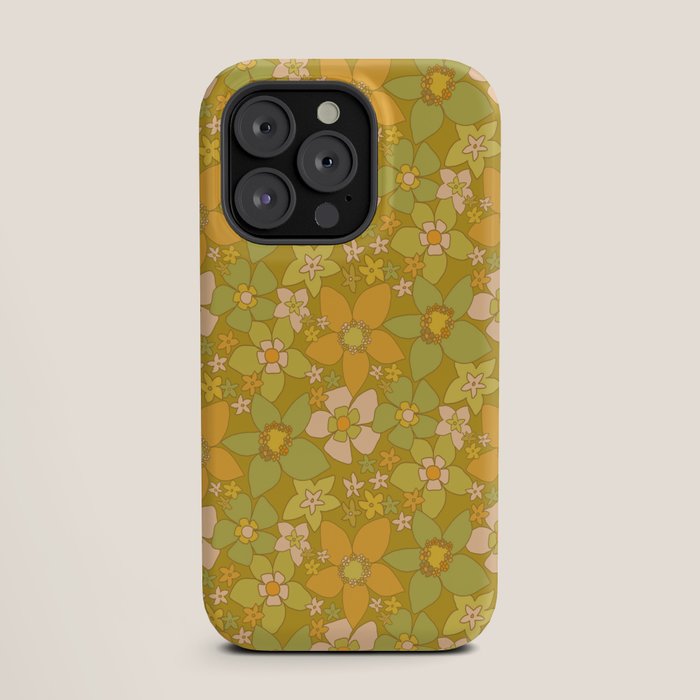 70s groovy retro floral pattern orange brown green handdrawn by surfy birdy  iPhone Case