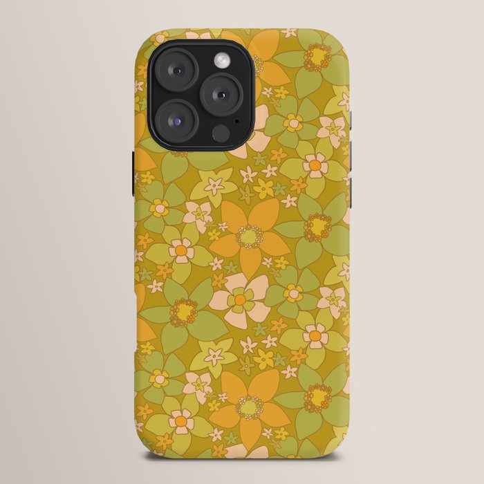 70s groovy retro floral pattern orange brown green handdrawn by surfy birdy  iPhone Case