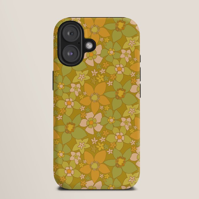 70s groovy retro floral pattern orange brown green handdrawn by surfy birdy  iPhone Case