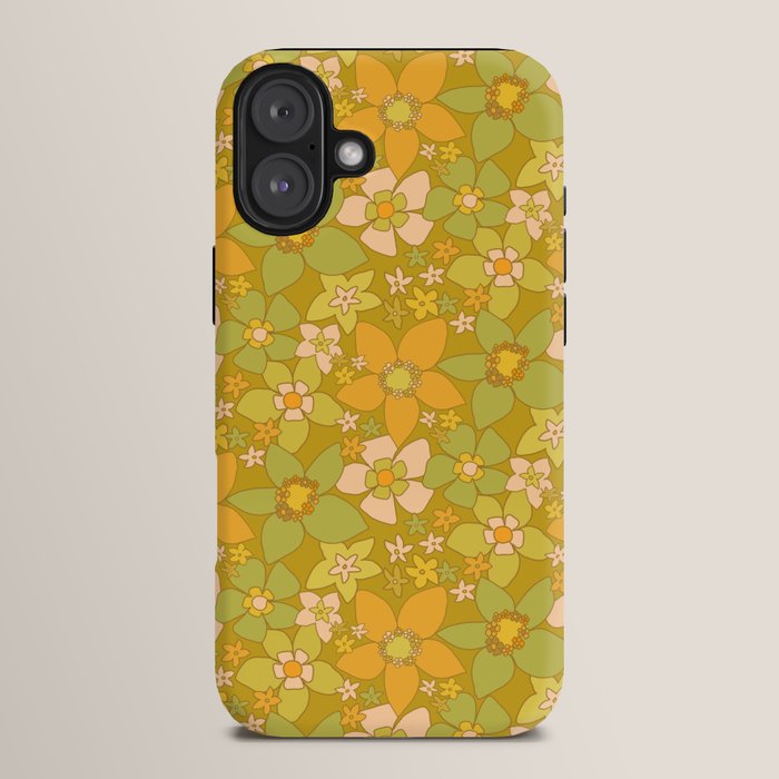 70s groovy retro floral pattern orange brown green handdrawn by surfy birdy  iPhone Case