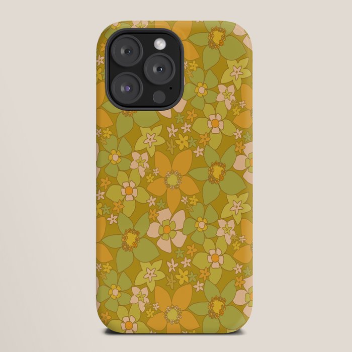 70s groovy retro floral pattern orange brown green handdrawn by surfy birdy  iPhone Case