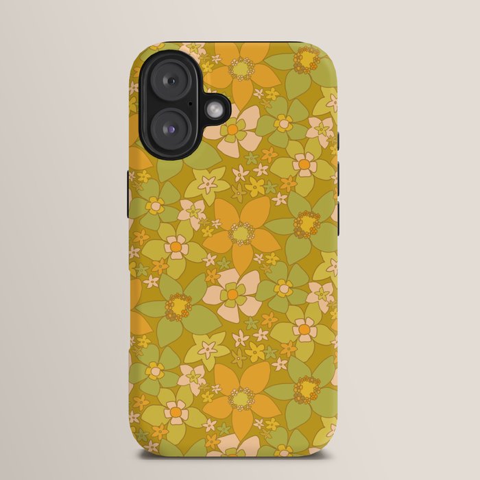 70s groovy retro floral pattern orange brown green handdrawn by surfy birdy  iPhone Case