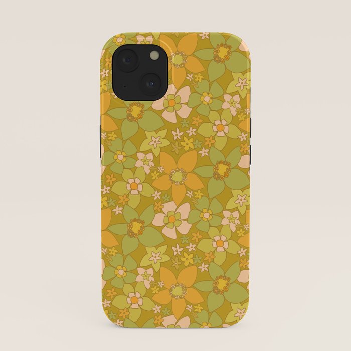 70s groovy retro floral pattern orange brown green handdrawn by surfy birdy  iPhone Case