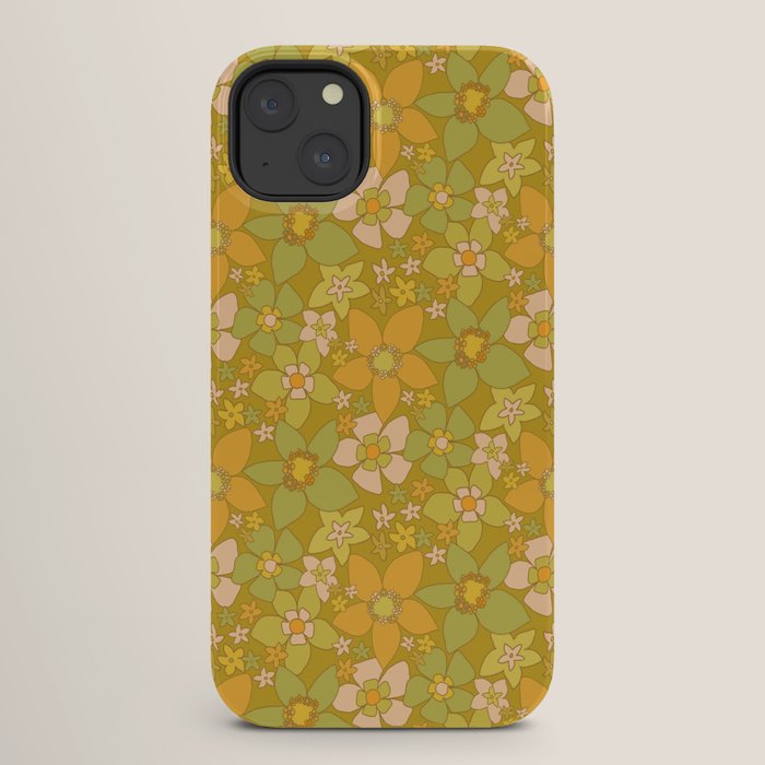70s groovy retro floral pattern orange brown green handdrawn by surfy birdy  iPhone Case