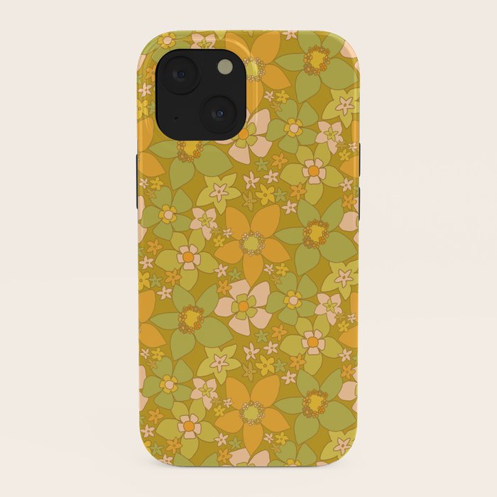 70s groovy retro floral pattern orange brown green handdrawn by surfy birdy  iPhone Case