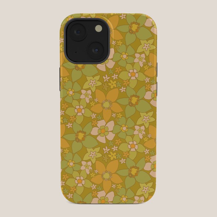 70s groovy retro floral pattern orange brown green handdrawn by surfy birdy  iPhone Case