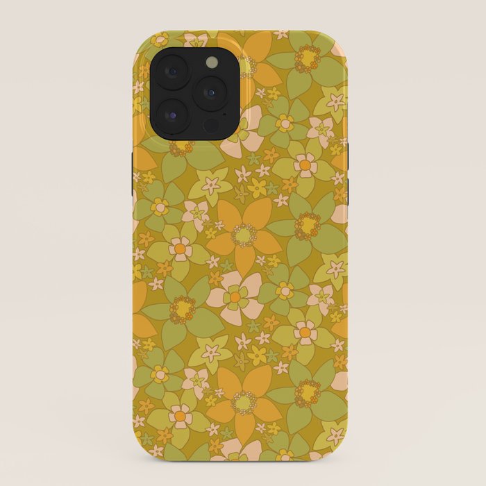 70s groovy retro floral pattern orange brown green handdrawn by surfy birdy  iPhone Case