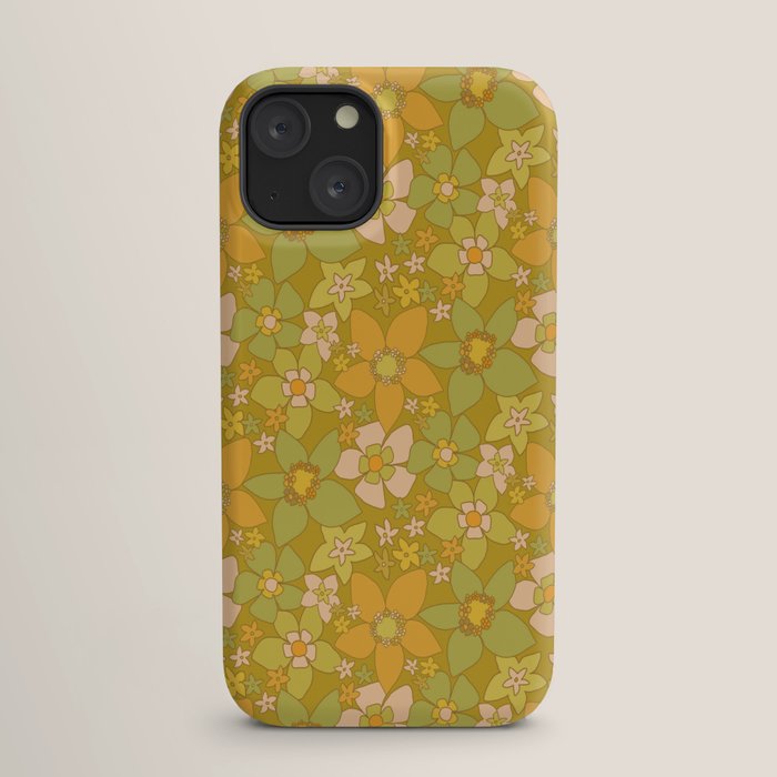 70s groovy retro floral pattern orange brown green handdrawn by surfy birdy  iPhone Case