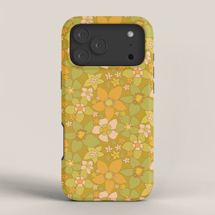 70s groovy retro floral pattern orange brown green handdrawn by surfy birdy  iPhone Case