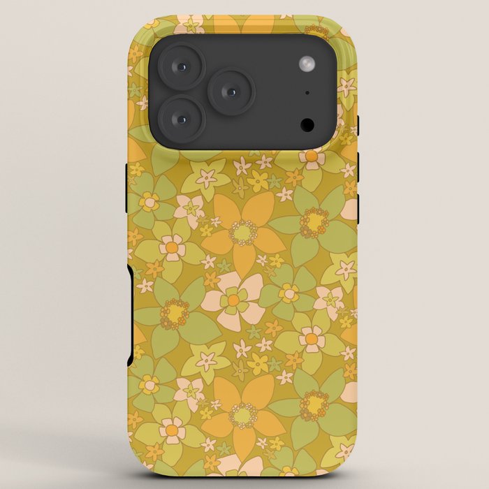 70s groovy retro floral pattern orange brown green handdrawn by surfy birdy  iPhone Case