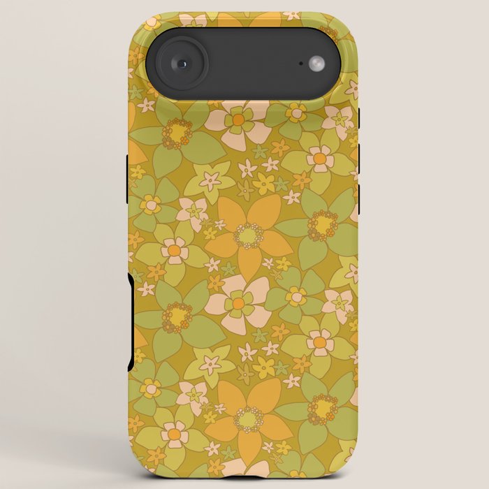 70s groovy retro floral pattern orange brown green handdrawn by surfy birdy  iPhone Case