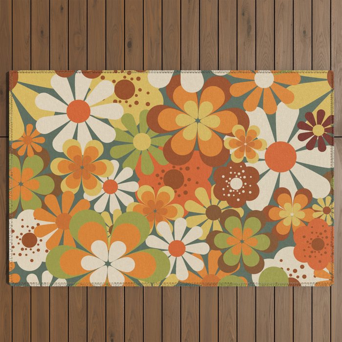 70's Retro Flowers Print Outdoor Rug