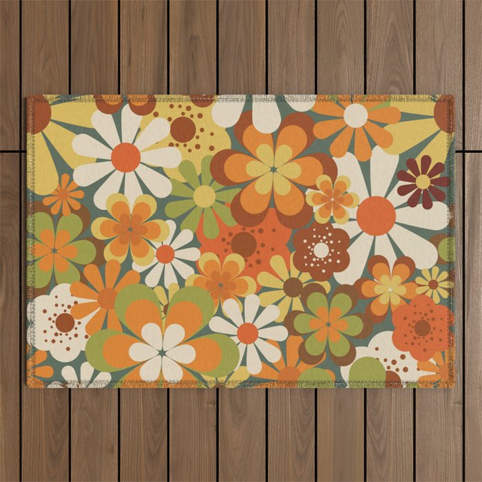 70's Retro Flowers Print Outdoor Rug