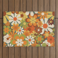 70's Retro Flowers Print Outdoor Rug