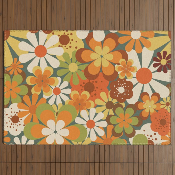70's Retro Flowers Print Outdoor Rug