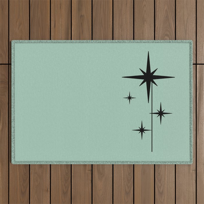 1950s Atomic Age Retro Starbursts in Aqua Mint and Black Outdoor Rug