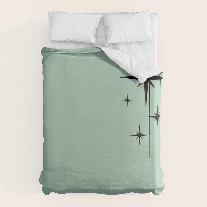 1950s Atomic Age Retro Starbursts in Aqua Mint and Black Duvet Cover