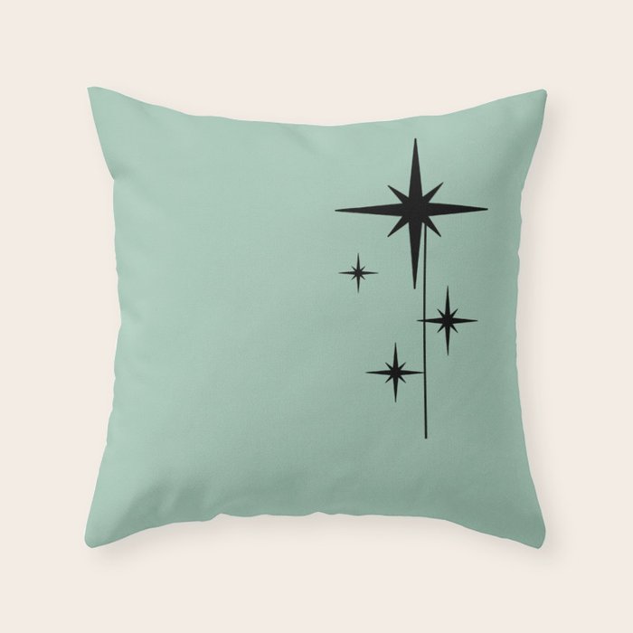 1950s Atomic Age Retro Starbursts in Aqua Mint and Black Throw Pillow