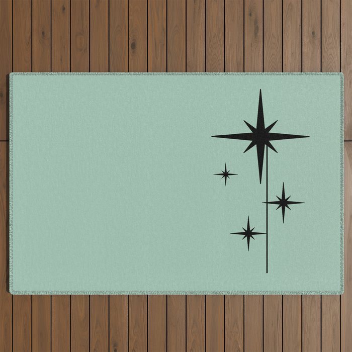 1950s Atomic Age Retro Starbursts in Aqua Mint and Black Outdoor Rug