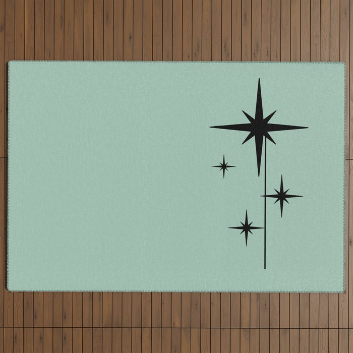 1950s Atomic Age Retro Starbursts in Aqua Mint and Black Outdoor Rug